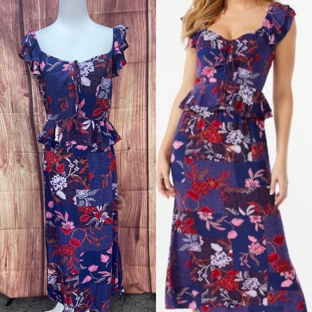 Sofia Jeans by Sofia Vergara purple floral ruffles flowy sweetheart midi dress M